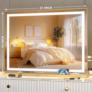 Hasipu Vanity Mirror with Lights 23 x 18 LED Makeup Mirror Lighted Makeup Mirror with Dimmable 3 Modes Touch Screen Control Vanity Mirror Square Gold