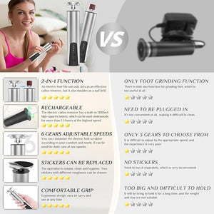 Electric Foot Callus Remover (6 Speed Adjustable) 2 in 1 Electric Foot File Nail Grinder Rechargeable Foot Sander Pedicure Tools for Feet Dead Skin with Sandpaper Disk and Nail Drill Bits Silver