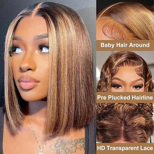 4/27 Honey Blonde 13x4 Bob Wig Human Hair 180% Density HD Transparent Lace Front Wigs Human Hair Short Bob Pre Plucked Straight Wigs Human Hair for Women 12 Inch