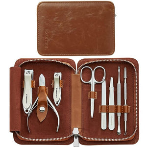 FAMILIFE Manicure Set Nail Clippers Pedicure Tool 8 pcs Stainless Steel Manicure Kit Professional Grooming Tool Nail Kit with Portable Brown Leather Travel Case Luxury Gifts for Men