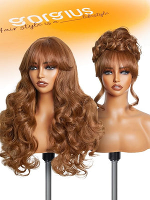 GORGIUS Honey Brown Wig with Bangs, Long Body Wave Fringe Bang Wig, Ready to Go Glueless Wig Upgraded with Style-Archive Premium Fiber