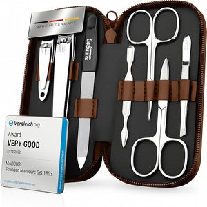 Manicure Set Solingen Made in Germany - 7 Piece Exclusive Finger &amp Toe Nail Clippers Kit for Women and Men in Real Leather Case Color Brown