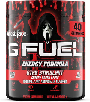 G Fuel Ghost Face Energy Drink Powder Pre Workout Caffeine Mix for Gaming Sugar Free Focus Amino Vitamin + Antioxidants 9.9oz (Cherry Green Apple 40 Servings)