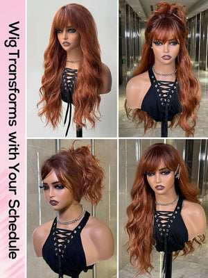topshe Ombre Auburn Wig with Bangs Long Curly Wigs for Women Heat Resistant Synthetic Colored Wigs Natural Looking Wavy Hair 26 Inch Daily Party &amp Cosplay Use