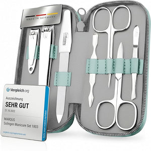 Manicure Set Solingen Made in Germany - 7 Piece Exclusive Finger &amp Toe Nail Clippers Kit for Women and Men in Real Leather Case Color Mint