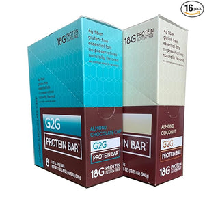 G2G Protein Bar, Almond Butter Lovers 2-Pack, 1 Box Almond Choc Chip &amp; 1 Box Almond Coconut, Healthy Snack, Delicious Meal Replacement, Gluten-Free, Refrigerated for Freshness, 16 Count (2 Packs o