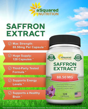 aSquared Nutrition Saffron Supplements - 120 Capsules - Saffron Extract Supplement Pills - Pure Saffron Alternative to Powder Tea Threads &amp Gummies