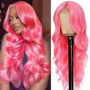 Pink 13x6 Lace Front Wigs Human Hair for Black Women Hot Pink Body Wave Lace Frontal Wig Pre Plucked with Baby Hair 180% Density Glueless HD Transparent Lace Frontal Wig 24 Inch