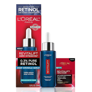 L'Oreal Paris Revitalift 0.3% Pure Retinol Night Serum Reduce Deep Wrinkles Fragrance Free 1 oz + Moisturizer Sample