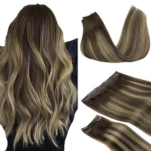 GOO GOO Wire Hair Extensions Human Hair 4/26/4 Chocolate Brown with Honey Blonde Balayage 16inch 125g Invisible Wire Hair Extensions with Transparent Seamless Fish Line Hairpiece