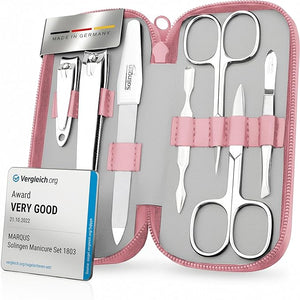 Manicure Set Solingen Made in Germany - 7 Piece Exclusive Finger &amp; Toe Nail Clippers Kit for Women and Men in Real Leather Case, Color Rosa