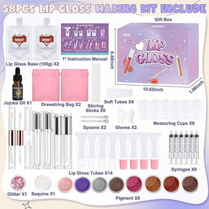 Lip Gloss Making Kit, 58PCS DIY Lip Gloss Kit, Lipgloss Making Kit for Women, Beginner, Girls, Moisturizing Lipgloss Base Moist, Double-Ended Tubes, Jojoba Oil, Tween Girls Gift Trendy Stuff