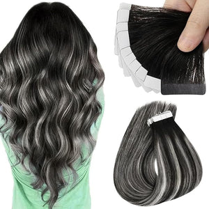 Sunny Hair Tape in Hair Extensions Real Human Hair Invisible Remy Hair Extensions Tape ins for Women Ombre Natural Black Root to Sliver Grey 20 inch 25G
