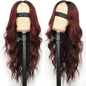 AISI HAIR Wig for Women Long Wavy Brown Mixed Red Lace Hairline Middle Part Synthetic Heat Resistant Wig for Daily Party-26 Inch