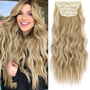 KooKaStyle Clip in Synthetic Hair Extensions Long Wavy 4PCS Thick Hairpieces Light Brown mix Golden Blonde Fiber Double Weft Natural Hair Extensions 16 Inch for Women