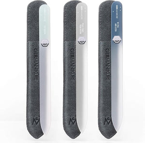 GERMANIKURE Czech Crystal Glass Nail File 3 Pack in Suede Sleeves - Professional Manicure &amp Pedicure Products for Smooth Easy Shaping of Natural Nails - Ideal Nail Care Gift