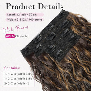 REECHO Clip in Hair Extensions - 4PCS 12 Short Curly Wavy Brown Hair Extensions with Invisible Lace Weft - Natural Soft Hairpieces for Women - Dark Brown with Highlights