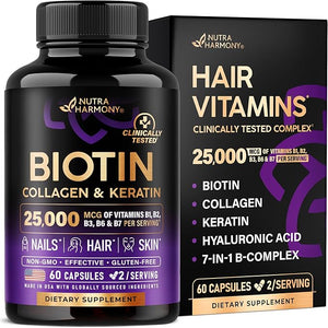 Biotin | Collagen | Hyaluronic Acid | Keratin - Clinically Tested Supplement** - Hair Growth Support, Skin &amp; Nails - 25000mcg Vitamins B1, B2, B3, B6 &amp; B7 - for Women &amp; Men - Made in USA |