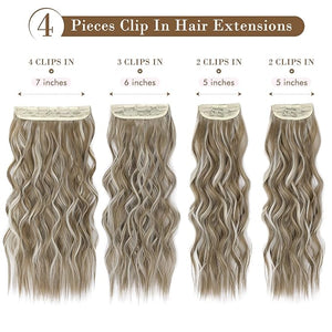 REECHO Hair Extensions 4PCS Clip in Hair Extensions HE001 Natural Soft Synthetic Hairpieces for Women Light Ash Brown with Highlights