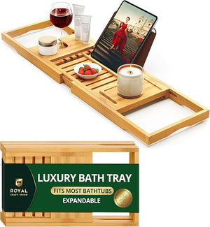 ROYAL CRAFT WOOD Premium Foldable Bathtub Tray Caddy - Wood Bath Tray for Tub Bamboo Shelf Expandable Bath Table Trays Bathtub &amp Bathroom Accessories for New Home &amp Mothers Birthday Gifts