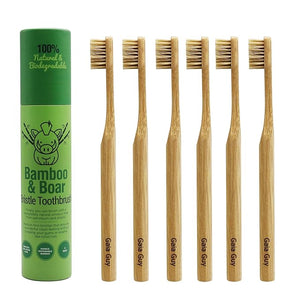 Gaia Guy Natural Bristle Bamboo Toothbrush (NO Nylon - Boar Hair ONLY) - Totally Compostable &amp; Biodegradable Boar Bristle and Bamboo Toothbrushes - Zero Waste - 6-Pack