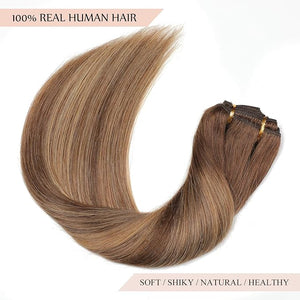 Sisily Clip in Hair Extensions Real Human Hair, 14 inch 130g, Chocolate Brown To Caramel Blonde, 100% Brazilian Remy Human Hair Clip in Extensions Soft Straight 7pcs Per Set with 16 Clips Double Weft