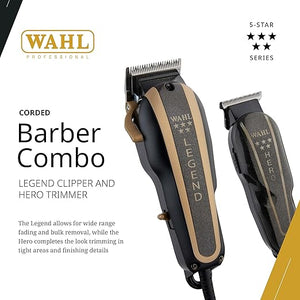 Wahl Professional 5-Star Barber Combo Corded Legend Clipper &amp Hero T-Blade Trimmer Set Black/Gold Finish