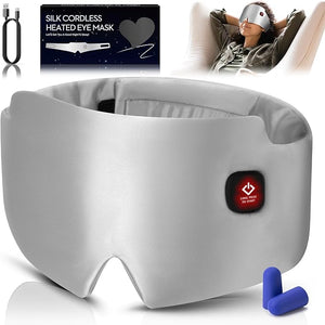 Silk Heated Eye Mask 2000mAh Large Size Cordless Sleep Mask Warm Eye Compresses Electric Eye Heating Pad for Stye Blepharitis Dry Eyes Sinus Migraine Gifts for Men Woman (Grey)