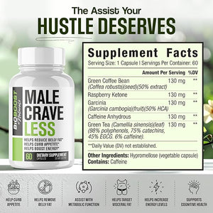 Male Crave Less - Fat Burner &amp Appetite Suppressant for Men to Help Shed Belly Fat Sustain Muscle &amp Boost Energy | 3rd Party Tested Supplement - 60 Weight Loss Pills to Help Lose Weight