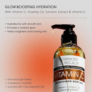 Advanced Clinicals Vitamin C Brightening Body Oil For Women &amp Men | Vitamin C Glow Oil Skin Care Body Moisturizer With Vitamin E + Botanicals To Help Improve Look Of Dark Spots + Dry Skin 12 Fl O