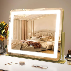 ROLOVE Gold Vanity Mirror with Lights - Smart Touch Dimming 3-Color Lighting 360¡Æ Rotatable Desktop Makeup Mirror for Desk 22x17