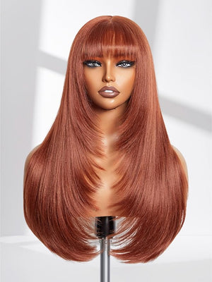 GORGIUS Copper Red Wig with Bangs 24 Inch Long Straight Layered Wig Glueless Curtain Bang Wigs with Realistic Lace Scalp Put On &amp Go Bangs Wig For Beginner