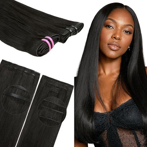 Lashey Invisi Edge &amp Seamless Clip in Hair Extensions Human Hair 16 Inch 110g 7pcs(5pcs Invisi Edge&amp 2pcs Seamless) Real Virgin Human Hair Extensions Natural Black Straight Hair