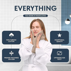 White Classic Luxury Cotton Washcloths 13x13 Inch - 650 GSM Turkish Cotton | Hotel, Spa, Bathroom Face Towel | 12 Pack, Taupe