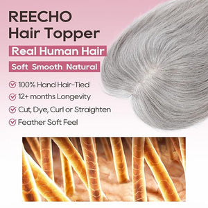 REECHO Hair Toppers for Women Real Human Hair Seamless Human Hair Toppers with Bangs 360¡Æ 3D Cover Clip in Bangs Hair Extensions for Daily Wear Gray