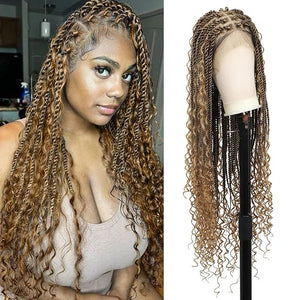 Kalyss Boho Braided Wigs for Woman Braided Lace Front Wig with Baby Hair Twist Braided Wig 360 HD Full Lace Braided Wigs Light Brown 36 Inches