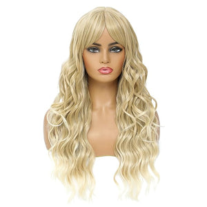 SWACC Long Curly Wavy Wig with Bangs Synthetic Hair Wig for Women with Wig Cap (Light Blonde Ombre)