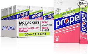 Propel Energy Boost Zero Calorie Powder Packets with Electrolytes and Caffeine Passionfruit Guava (120 Pack)