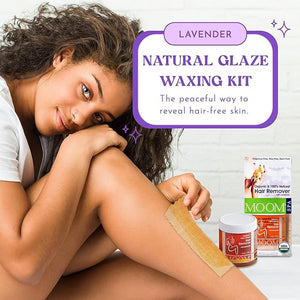 MOOM - Glaze Waxing Kit with Lavender, 6 oz Jar Sugar Wax Kit with 18 Reusable Fabric Strips, Alternative to Wax Strips &amp; Laser Hair Removal for Women/Men, For Whole Body, Bikini &amp; Face