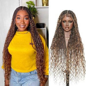 Mila Full Lace Bohemia Braided Wigs - 34 Human Hair Boho Curls and Synthetic Braids Hand-Tied Full Lace Knotless Natural Scalp Pre-Plucked - Ombre Brown 1B/30