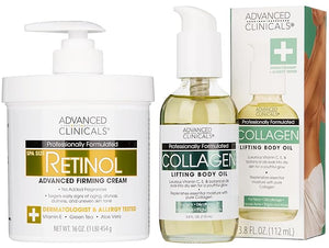 Advanced Clinicals Retinol Body Lotion + Collagen Body Oil 2pc Skincare Set For Women &amp Men | Fragrance Free Retinol Lotion + Collagen Massage Body Oil To Improve Appearance Of Crepey Skin 2pc Se