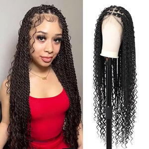 Kalyss HD Full Lace Boho Braided Wigs for Women 360 Lace Front Twist Braided Wigs with Baby Hair Black Premium Synthetic Knotless Braid Wig 36