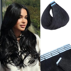 Jet Black Tape in Hair Extensions Human Hair Invisible Silky Fashion Remy Hair 20Inch Long Human Hair Tape in Extensions 20Pcs 50G for Women
