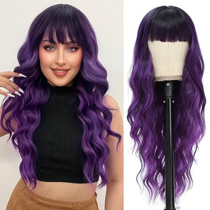 NAYOO Purple Wigs with Bangs - Long Curly Wavy Hair Wigs, Heat Resistant Synthetic Fiber, 26 Inches (Ombre Purple)
