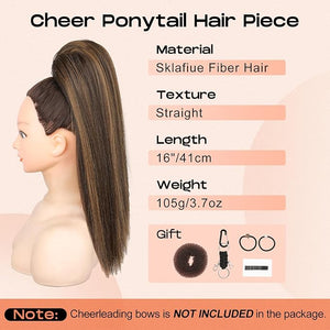 SEIKEA Cheer Ponytail Hair Piece 16 Straight Cheerleader Hairpiece Ponytail Extension for Cheerleader Competition Dance Brown with Blonde Highlights