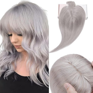 Elailite Hair Toppers for Women Real Human Hair Topper with Bangs Thinning Thin 5.1"x2.8" Silk Base Clip in Remy Hairpieces 18 Inch Gray