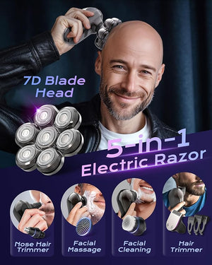 JIJ Head Shavers for Bald Men - 5-in-1 Electric Head Shaver Grooming Kit 7D Floating Wet/Dry Electric Razor for Bald Heads with LED Smart Display Turbo Speed &amp Type-C Charging (2000mAh)