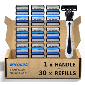 6-Blade Razor,Plastic Anti-slip Men Manual Refill Cartridges razors, Reusable Face Cleansing Care Tool, 30 pcs refill cartridges, Shave Supplies for Men and Women - Black