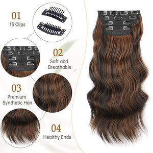 Vigorous Clip in Hair Extensions 20 Inch Black mix Brown Hair Extension 4Pcs Long Wavy Soft Synthetic Hairpieces for Women