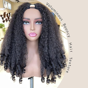 New Afro Curly V Part Wig Synthetic Braided Hair Texture with Unique Bouncy Curls in the End 20 Inch Soft Curly Full Hair V Part Wigs Synthetic for Black Women No Leave out Clip in Half Wig